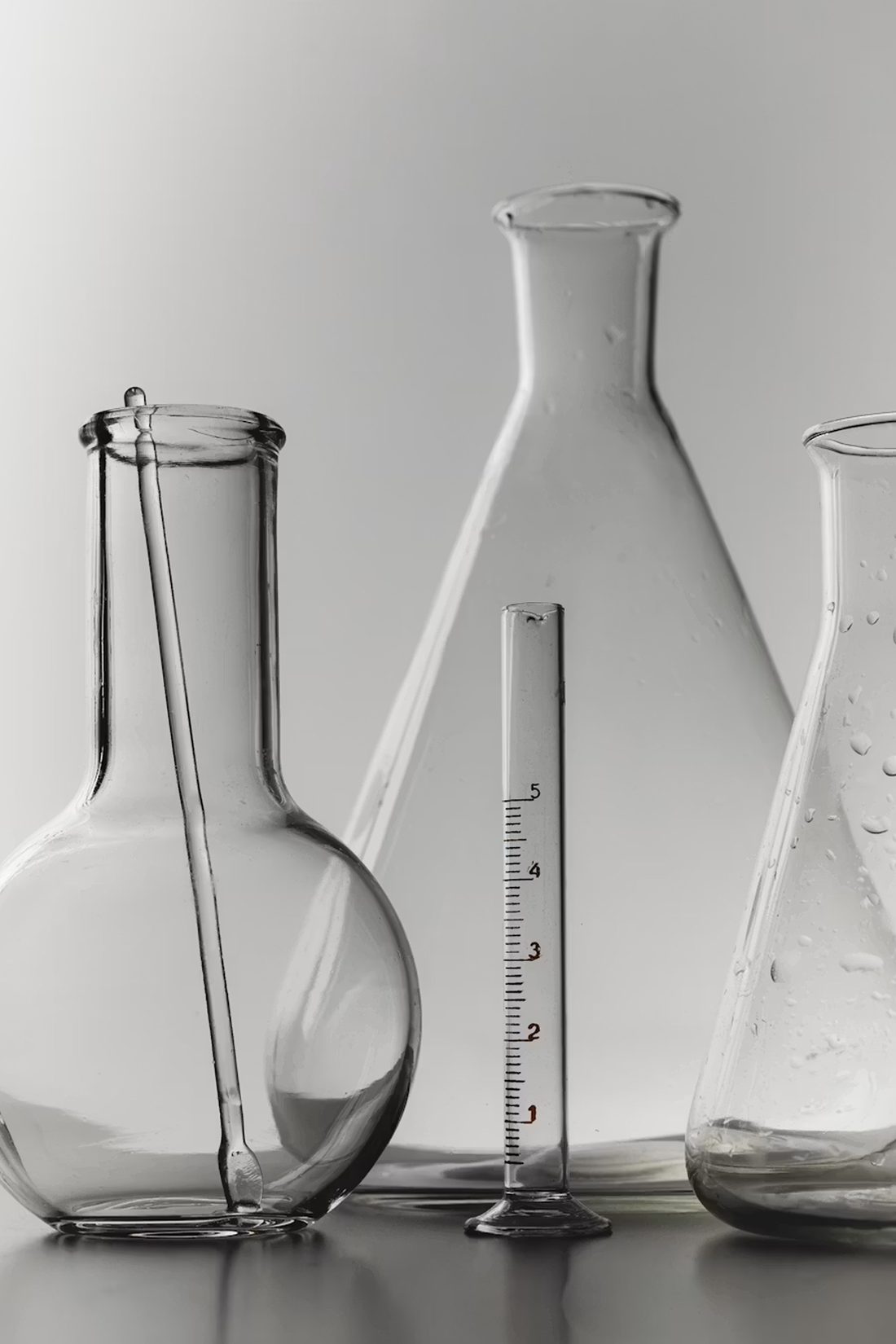 Precision laboratory glassware — flask, graduated cylinder and Erlenmeyer flask